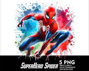 5 PNG Hero Spider Splash and Watercolor Transparent Png file for Sublimation 300Dpi High Resolution Png DTG Design Superhero Spider Png