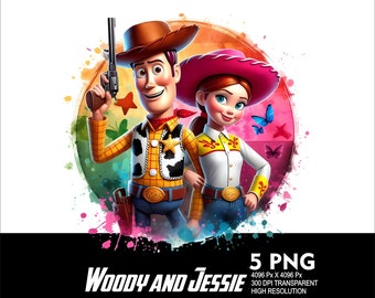 5 PNG Toy Story Woody Cowgirl Jessie Splash y acuarela Archivo PNG transparente para sublimación 300Dpi archivos de descarga PNG de alta resolución