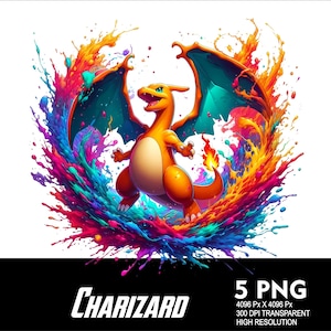 5 PNG Charizard Splash and Watercolor Transparent Png file for Sublimation 300Dpi High Resolution Png DTG Design Charizard Pikachu Png