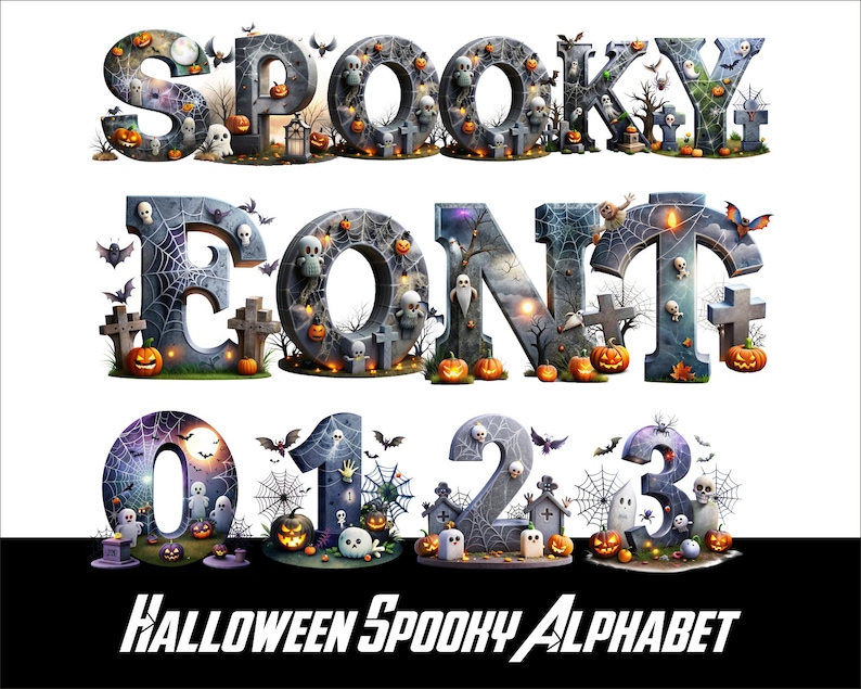Halloween Spooky Alphabet Font PNG Spooky Letters and Numbers for Sublimation PNG Witch Halloween Doodle Font Png Letters image 1