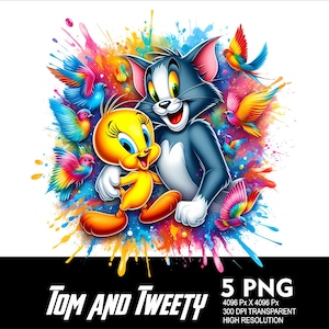 5 PNG Cartoon Cat Splash e Watercolor File PNG trasparente per sublimazione 300 Dpi Alta risoluzione PNG Film Cartoon Cat e amici Design
