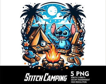 5 PNG Camping Stitch Splash Archivo PNG transparente para sublimación 300 Dpi Alta resolución PNG Descargar archivos Stitch Camping