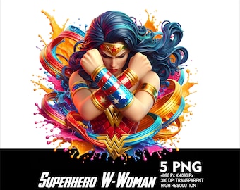 5 PNG W-Woman Female Hero Splash and Watercolor Transparent PNG file for Sublimation 300Dpi High Resolution Png  DTG Design Girl Heroes
