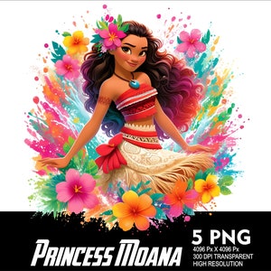 5 PNG Princess Moana Splash et aquarelle fichier PNG transparent pour sublimation 300Dpi haute résolution Png DTG Design Princess Moana