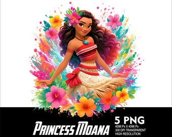 5 PNG Princess Moana Splash and Watercolor Transparent PNG file for Sublimation 300Dpi High Resolution Png DTG Design Princess Moana