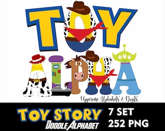 Lot de 7 lettres de l'alphabet Toy Story, polices de caractères Toy Story doodle, lettres de l'alphabet PNG, lettres de A à Z, polices de caractères Toy Story, lettre Doodle, police d'anniversaire