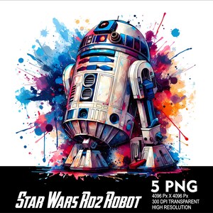 Puede incluir: Una ilustraci&oacute;n digital de R2-D2, un robot de la franquicia Star Wars, en estilo acuarela con salpicaduras de pintura azul, roja y amarilla. El texto "STAR WARS RO2 ROBOT" est&aacute; en la parte inferior de la imagen.