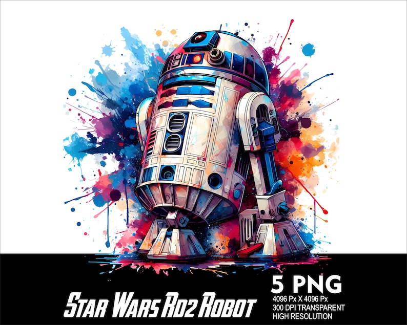 Puede incluir: Una ilustraci&oacute;n digital de R2-D2, un robot de la franquicia Star Wars, en estilo acuarela con salpicaduras de pintura azul, roja y amarilla. El texto "STAR WARS RO2 ROBOT" est&aacute; en la parte inferior de la imagen.