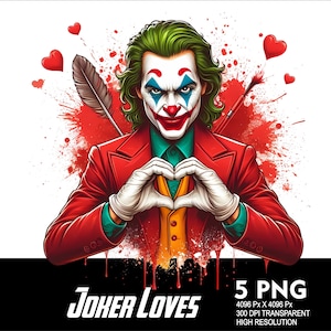 May include: A digital illustration of the Joker from the movie "Joker" with a red and green suit, white gloves, and a red and white clown makeup. He is making a heart shape with his hands. The background is a red and white splatter pattern with hearts.