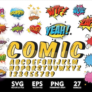 Comic Schrift SVG Comic Blasen Clipart Kinderschrift Comic SVG Png Eps Ai Held Alphabet Schriftart für Cricut Cartoon Letters Comic Burst