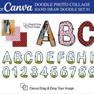 May include: A set of doodle style alphabet letters and numbers with a green and white color scheme. The letters and numbers are outlined in black and have a stitched look. The letters A, B, and C are shown with different patterns inside. The letters A and C have a photo collage style with a photo of a couple inside. The letter B has a pattern of red hearts on a white background. The text "Drag & Drop Your Image" is shown in a white box with a dotted line border. The text "Canva Drag & Drop Your Image" is shown at the bottom of the image.