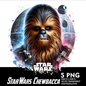 Könnte beinhalten: Eine digitale Illustration von Chewbacca, einem Wookiee-Charakter aus Star Wars, vor einem rosa und blauen Aquarellhintergrund. Der Todesstern ist im Hintergrund zu sehen. Der Text "STAR WARS" ist in weißen Buchstaben auf schwarzem Hintergrund geschrieben.