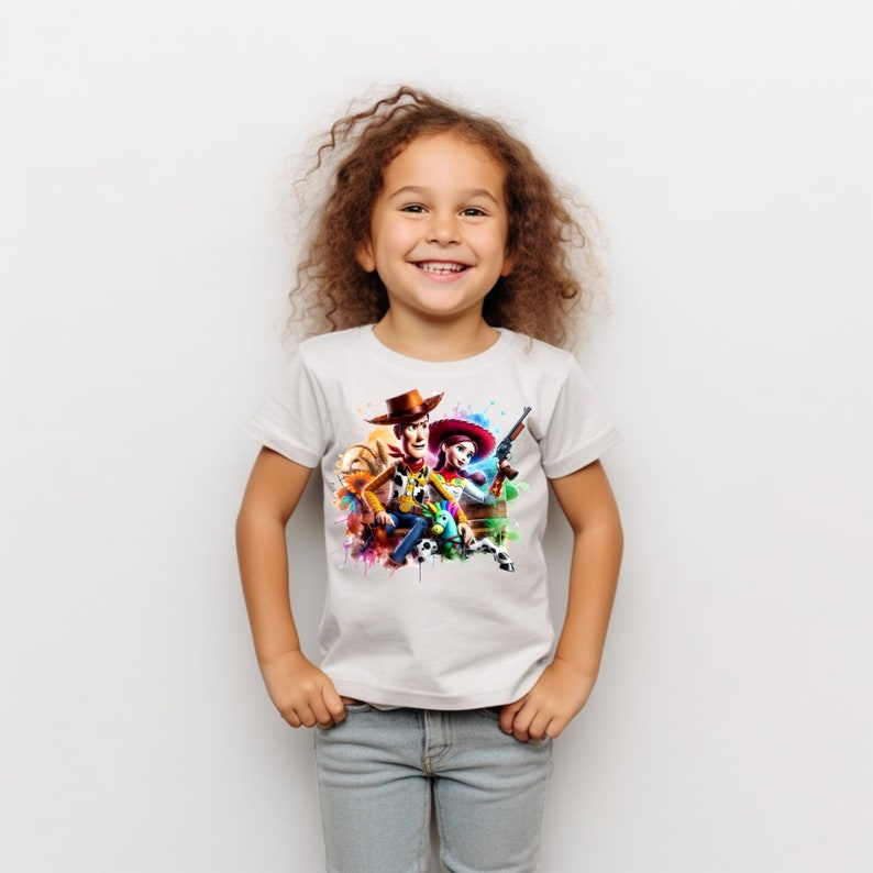 May include: A white t-shirt with a colorful graphic print of Woody and Jessie from Toy Story. The graphic features a watercolor effect and includes a splash of color behind the characters.