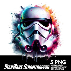 May include: A white Stormtrooper helmet with a colourful paint splatter background. The helmet has a black visor and is a popular character from the Star Wars franchise.