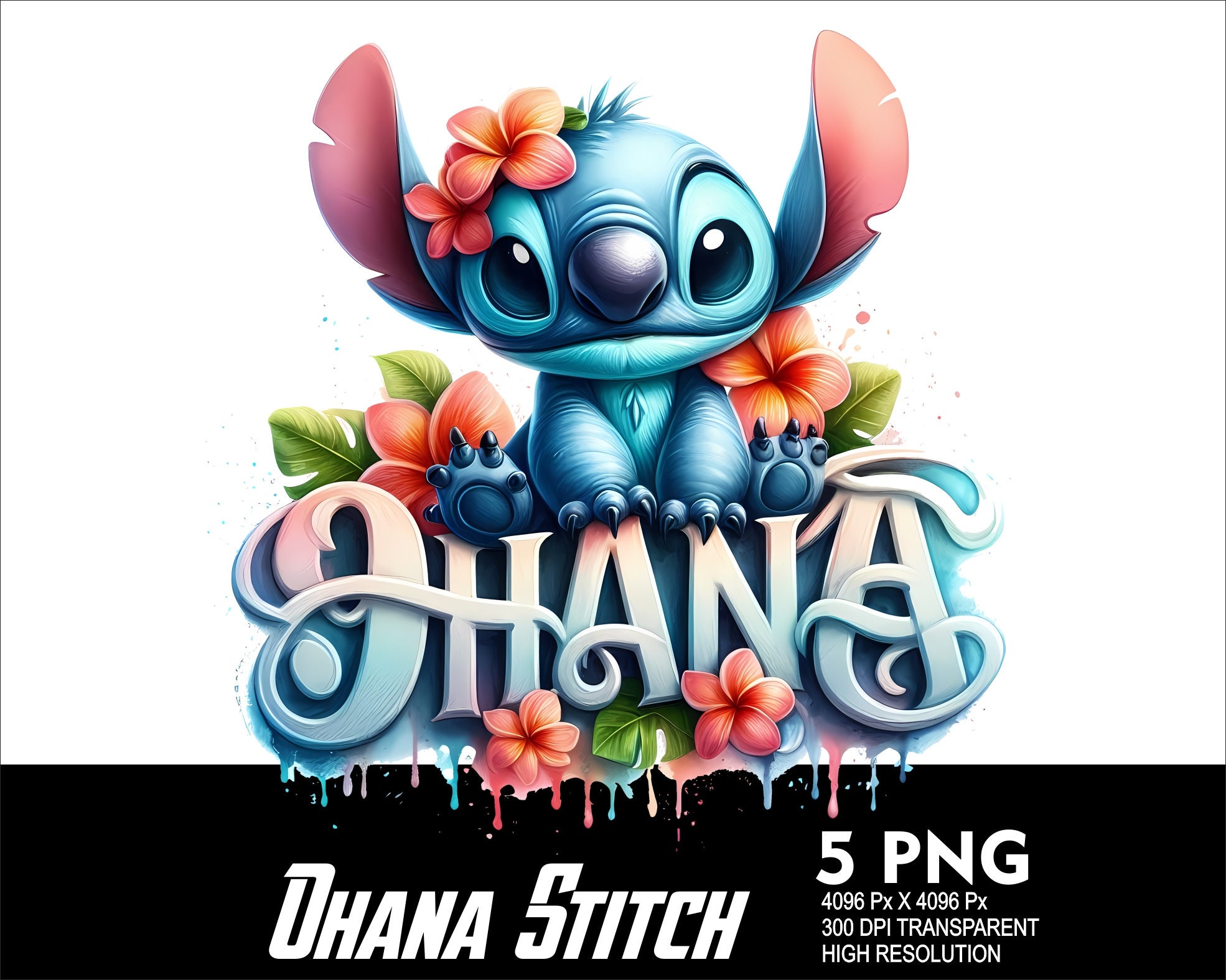 5 PNG Ohana Stitch Splash and Watercolor Transparent PNG file for Sublimation 300Dpi High Resolution PNG Download Files Stitch Design