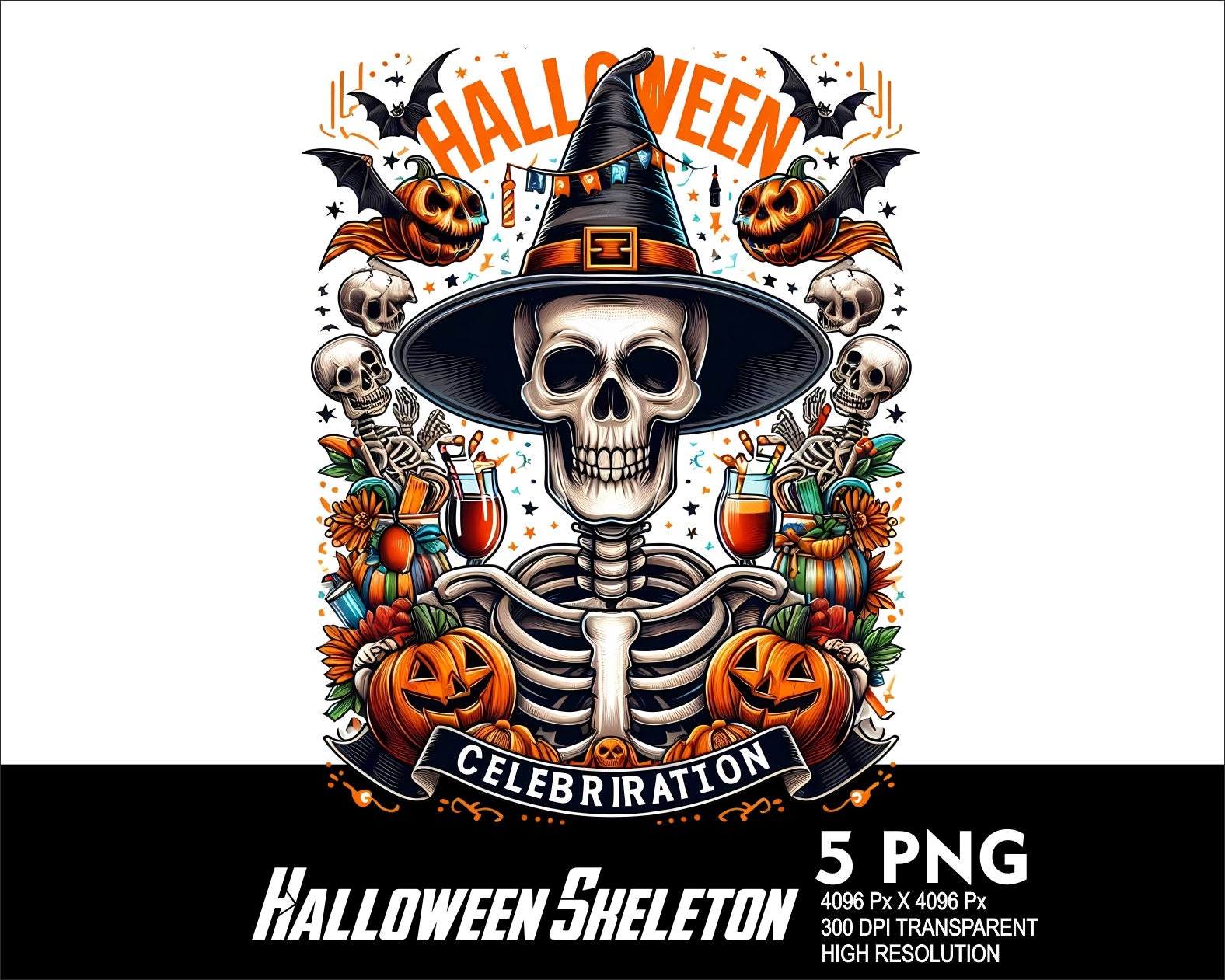 5 PNG ハロウィン スケルトン スプラッシュ デザイン 昇華用透明 PNG