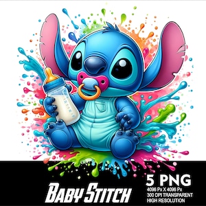 5 PNG Baby Stitch Blue Splash and Watercolor Transparent PNG file for Sublimation 300Dpi High Resolution PNG Download Files Stitch Design