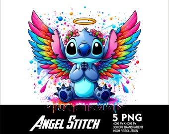 5 PNG Angel Stitch Splash i akwarela Przezroczysty plik PNG do sublimacji 300 Dpi Wysoka rozdzielczość Pobierz pliki Stitch Angel Design