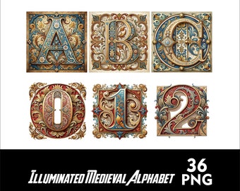 Illuminated Letters Medieval Alphabet PNG Alphabet English Alphabet Clipart Floral Clipart Illuminated Alphabet and Numbers DaVinci Alphabet