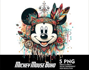 5 PNG-mus Boho Mickey Splash och akvarell transparent PNG-fil för sublimering 300 Dpi högupplöst PNG DTG-design Png Mickey