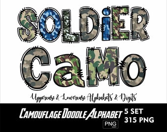 Patriotic Camouflage Alphabet BUNDLE 5 Set PNG Letters Camo Font Navy Alphabet Soldier Doodle Veteran Letters Png