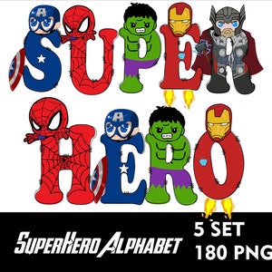 Super Hero Alphabet PNG Avanger Font Bundle 5 gesetzt Super Hero Letter Hero Doodle PNG-Schrift Kinder Sublimationsschrift Kinder-T-Shirt-Design