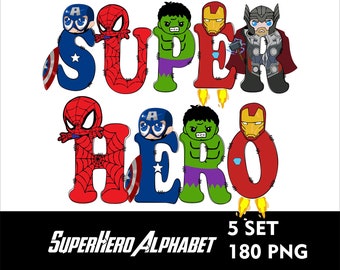 Super Hero Alphabet PNG Avanger Font Bundle 5 set Super Hero Letter Hero Doodle PNG font Kids Sublimation Font Kids Tshirt Design