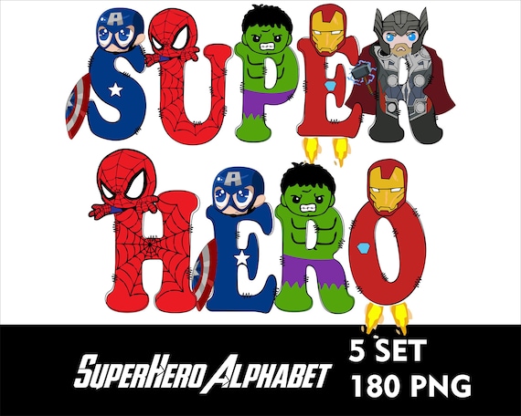 Super Hero Alphabet PNG Avanger Font Bundle 5 set Super Hero Letter Hero Doodle PNG font Kids Sublimation Font Kids Tshirt Design