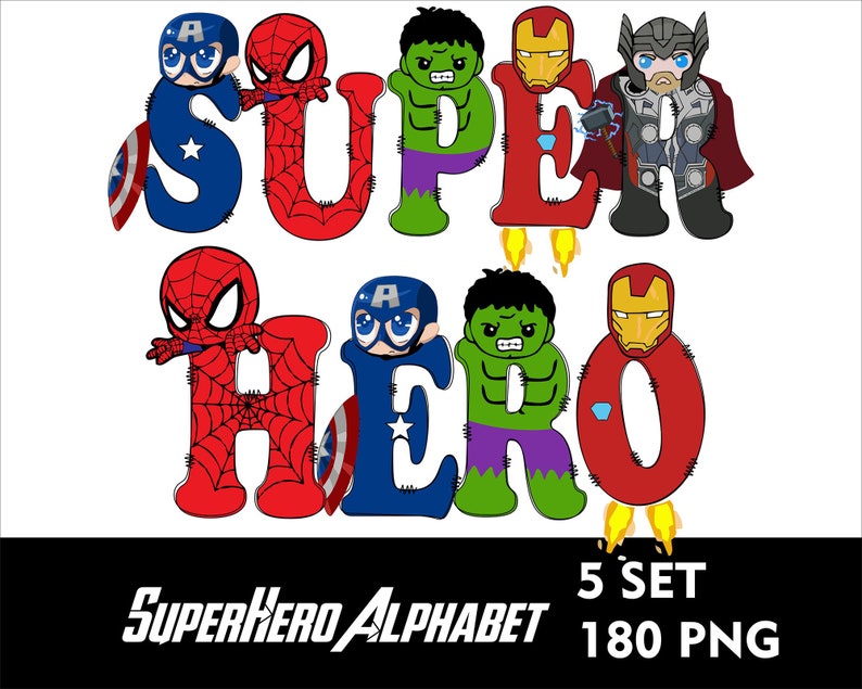 May include: Superhero alphabet letters with cartoon characters. The letters are S, U, P, E, R, H, E, R, O. Each letter is decorated with a different superhero character. The characters are Captain America, Spiderman, Hulk, Iron Man, Thor, and a few others. The letters are red, blue, green, and yellow. The letters are outlined in black. The text "SUPERHERO ALPHABET 5 SET 180 PNG" is at the bottom of the image.