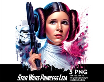 5 PNG de StarWars Princess Leia Splash y acuarela, archivo Png transparente para sublimación, 300 ppp, alta resolución, Png, diseño DTG, Png