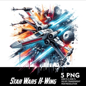 May include: A digital illustration of a Star Wars X-Wing fighter in flight, surrounded by a colorful explosion of paint splatters. The fighter is white with red and orange accents, and the background is a mix of blue and orange.