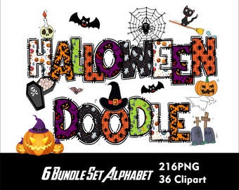 Halloween Alphabet Doodle Bundle 6 set Alphabet Spooky Letters Png Halloween Font v2