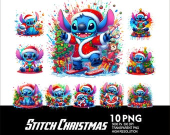 May include: A collection of ten PNG images featuring the character Stitch in Christmas-themed designs. Stitch is depicted in a Santa hat and coat, surrounded by Christmas trees, gifts, and colorful paint splatters. The text "Stitch Christmas" is at the bottom.