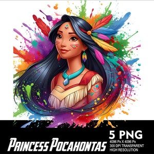 5 PNG Princess Pocahontas Splash and Watercolor Transparent PNG file for Sublimation 300Dpi High Resolution PNG DtG Design Princess