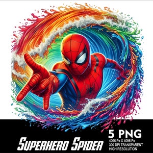 5 PNG Superhero Spider Splash and Watercolor Transparent Png file for Sublimation 300Dpi High Resolution Png DTG Design Png