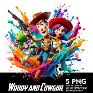May include: Woody and Jessie from Toy Story are standing in a colorful explosion of paint splatters. Woody is holding a gun and Jessie is holding a lasso.  There is a green dinosaur and Buzz Lightyear in the background.  5 PNG 4096 Px X 4096 Px 300 DPI TRANSPARENT HIGH RESOLUTION