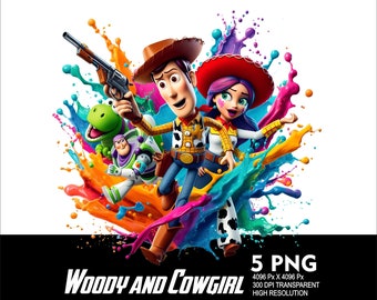 5 PNG Toy Story Woody Cowgirl Jessie Splash y acuarela Archivo PNG transparente para sublimación 300Dpi archivos de descarga PNG de alta resolución