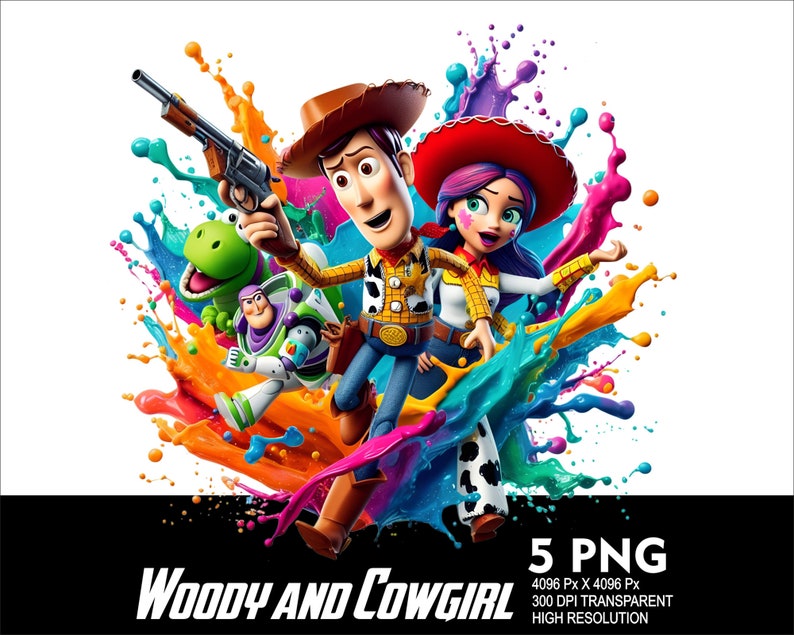 May include: Woody and Jessie from Toy Story are standing in a colorful explosion of paint splatters. Woody is holding a gun and Jessie is holding a lasso.  There is a green dinosaur and Buzz Lightyear in the background.  5 PNG 4096 Px X 4096 Px 300 DPI TRANSPARENT HIGH RESOLUTION