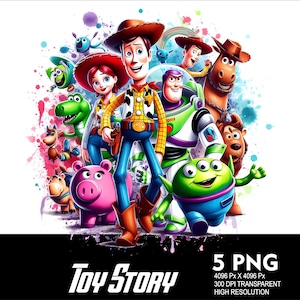 Pu&ograve; includere: Un'illustrazione colorata dei personaggi di Toy Story, tra cui Woody, Buzz Lightyear, Jessie e Rex. I personaggi sono in piedi su uno sfondo bianco con schizzi di vernice colorati.