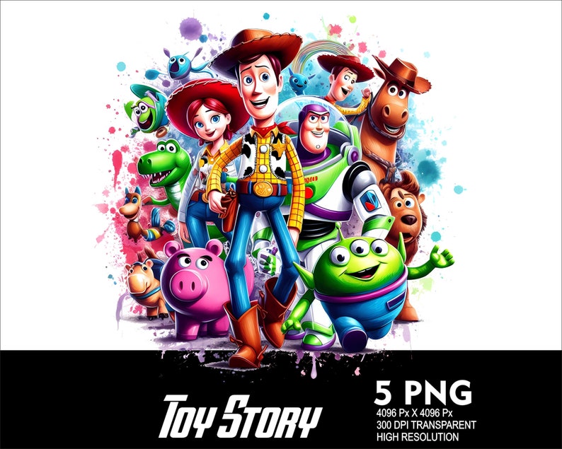 Pu&ograve; includere: Un'illustrazione colorata dei personaggi di Toy Story, tra cui Woody, Buzz Lightyear, Jessie e Rex. I personaggi sono in piedi su uno sfondo bianco con schizzi di vernice colorati.
