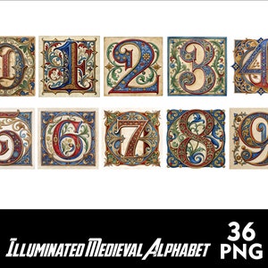 May include: A set of ten illuminated medieval alphabet numbers, 0 through 9, in a decorative, ornate style. Each number is framed in a gold border with red, blue, and green floral designs.