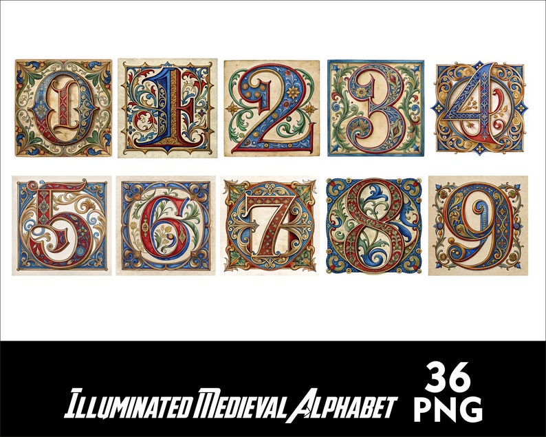 May include: A set of ten illuminated medieval alphabet numbers, 0 through 9, in a decorative, ornate style. Each number is framed in a gold border with red, blue, and green floral designs.