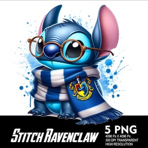 May include: Blue Stitch character wearing glasses and a blue and white scarf with the Ravenclaw house crest from Harry Potter. The background is a blue watercolor wash with white splatters.