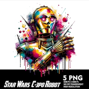 Puede incluir: Una ilustración abstracta de acuarela colorida de C-3PO, un personaje robot de Star Wars. El robot está representado con un cuerpo dorado y ojos rojos, y está rodeado de salpicaduras de pintura rosa, azul, verde y amarilla.