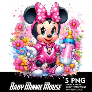 May include: A cartoon illustration of Baby Minnie Mouse wearing a pink hooded sweatshirt and holding a baby bottle. She has a pink bow with white polka dots in her hair. The background is a colorful watercolor design with pink, yellow, and blue flowers.