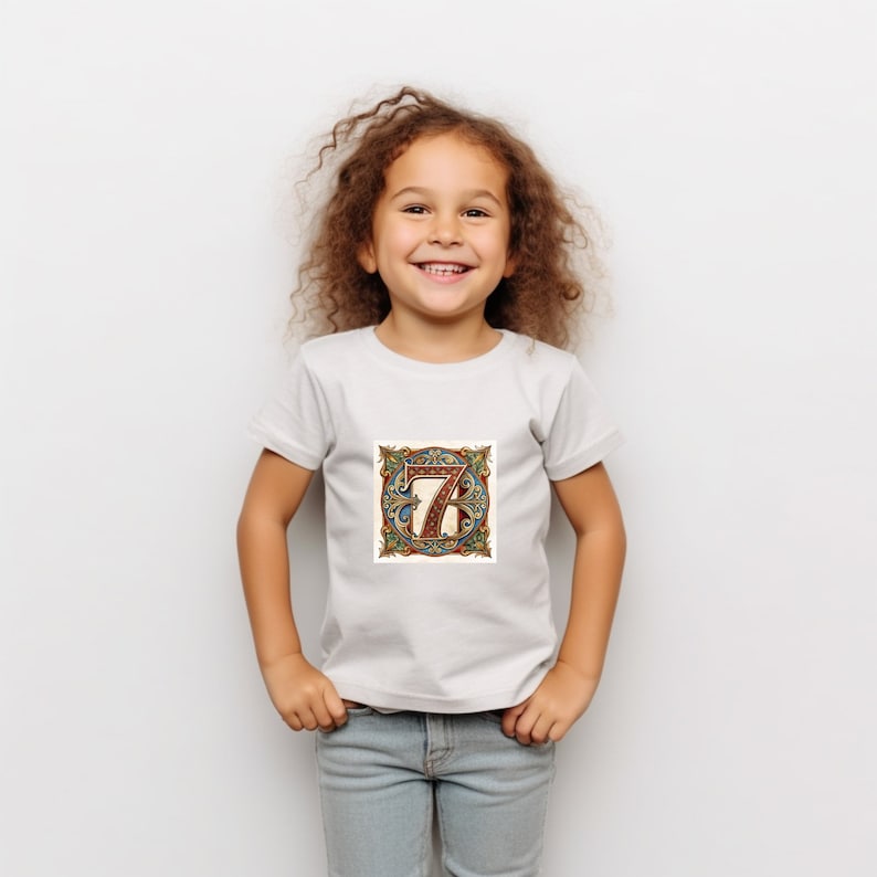 May include: A white t-shirt with a colorful, ornate design of the number 7. The design is framed in a square with a brown border.