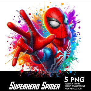 5 PNG Superhero Spider Splash and Watercolor Transparent Png file for Sublimation 300Dpi High Resolution Png DTG Design Spider Png