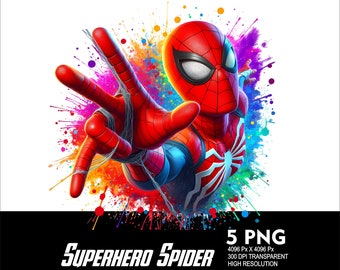 5 PNG superhjälte spindelstänk och akvarell transparent PNG-fil för sublimering 300 Dpi högupplöst PNG DTG design spindel PNG