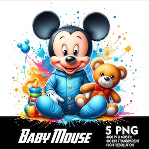 5 PNG Mickey Baby Mouse Splash and Watercolor Transparent PNG file for Sublimation 300Dpi High Resolution PNG Mouse Baby Mickey