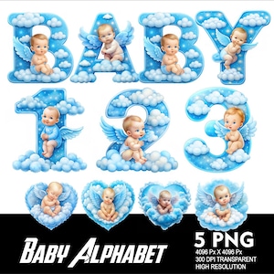 Alfabeto de bebé Fuente de bebé azul PNG Letras y números de fiesta para sublimación PNG Letras de bebé y clipart